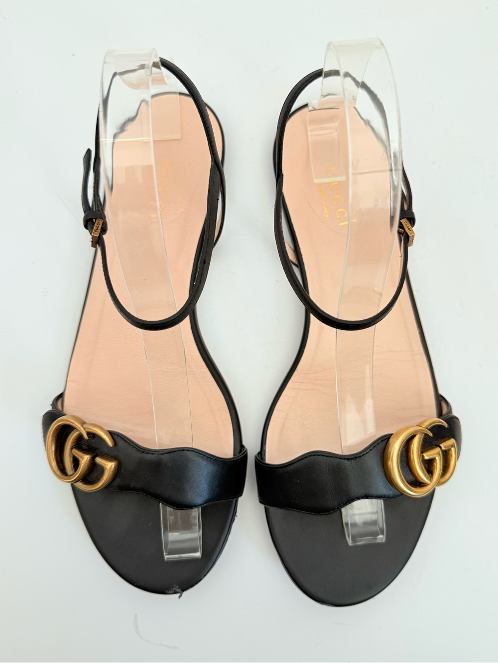 Gucci Marmont Double G Black Leather Flat Ankle Strap Sandals 38.5